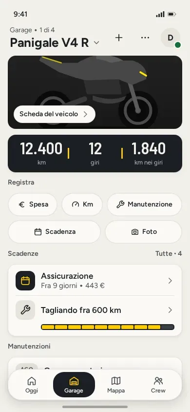 Il Garage: chilometri, scadenze e manutenzioni del veicolo