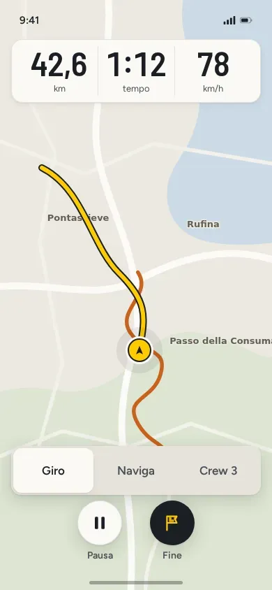 Il giro in corso: chilometri, tempo e velocità